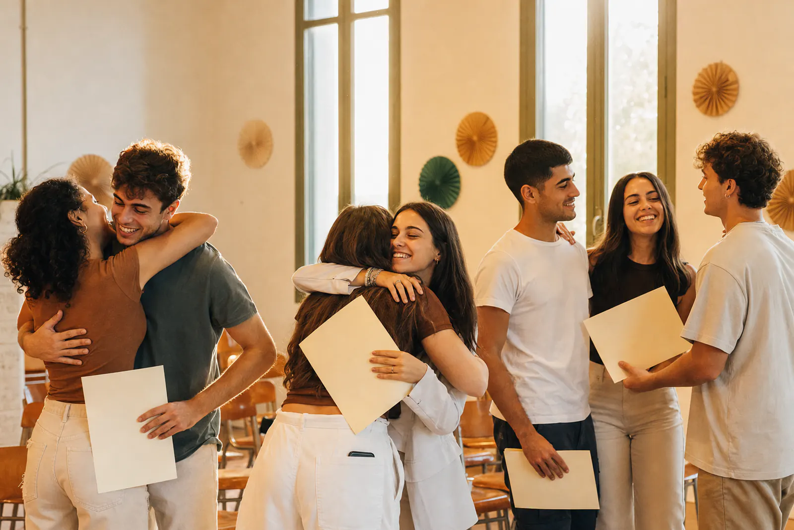 Jóvenes abrazándose y sosteniendo sus diplomas el último día de curso