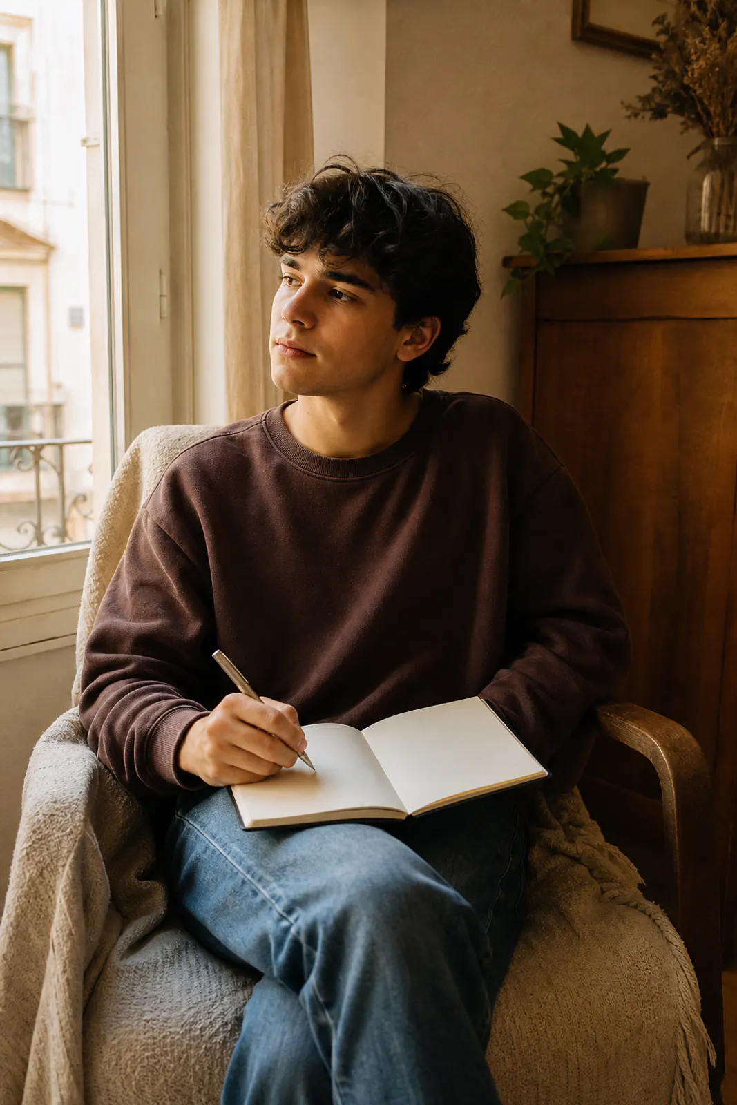 Un joven escribe en un cuaderno junto a una ventana