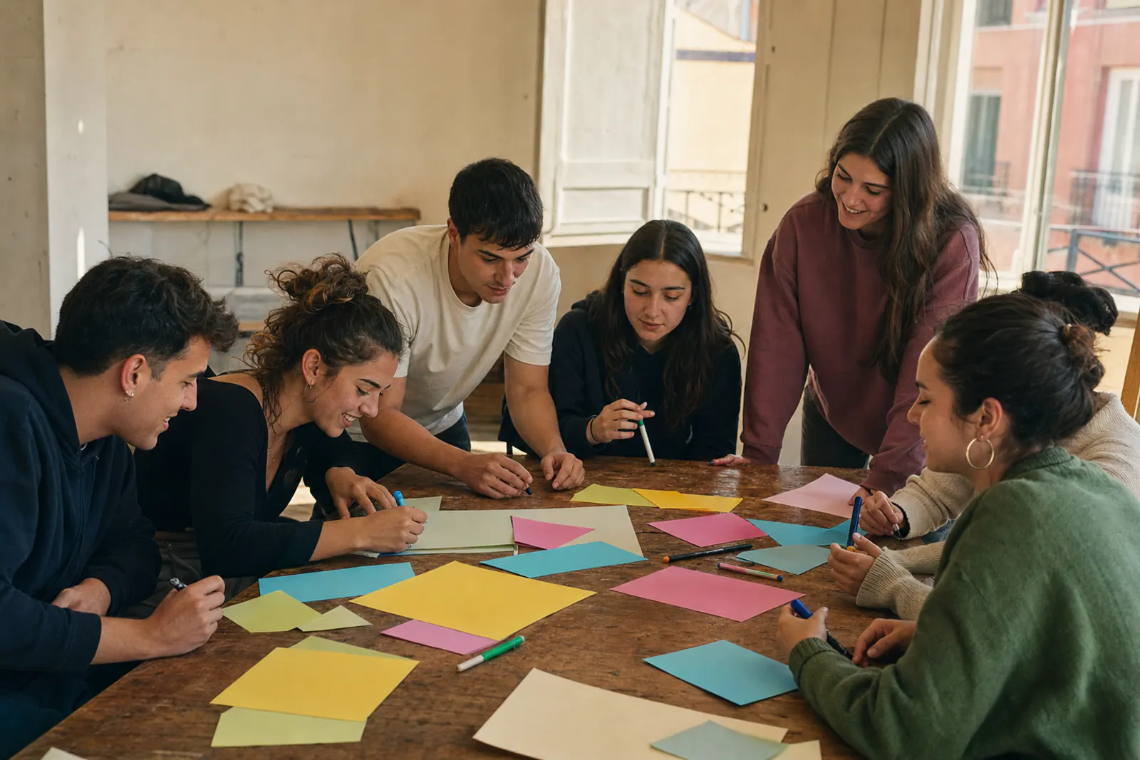 Jóvenes trabajando de pie alrededor de una mesa cubierta de notas de colores