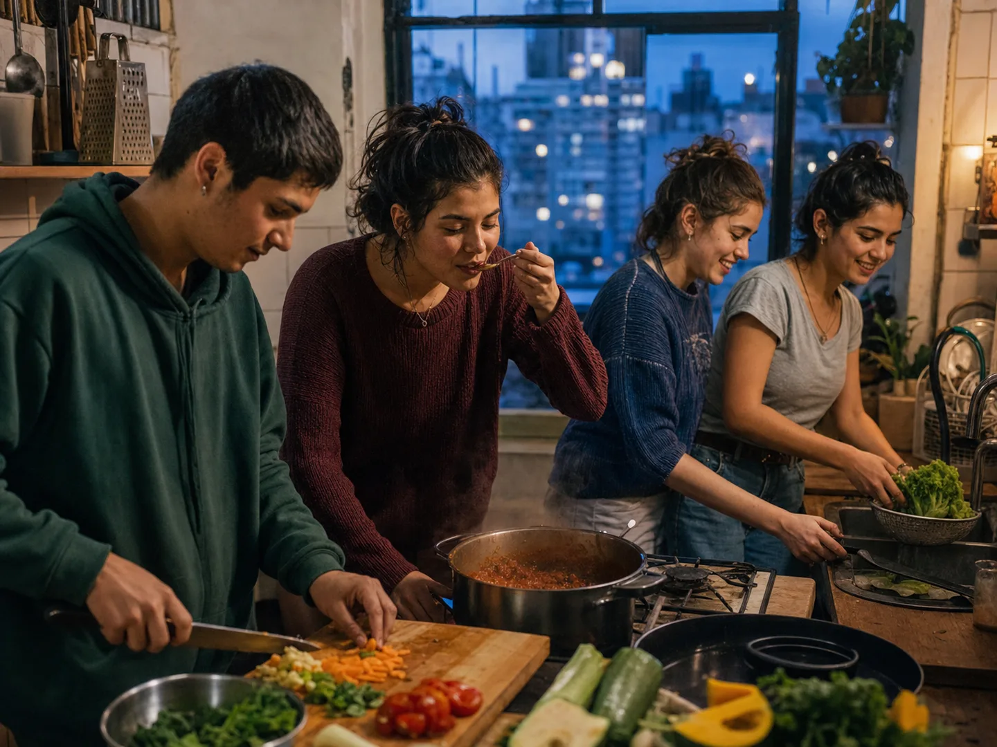 Estudiantes jóvenes cocinan juntos ingredientes frescos en una mesa compartida.