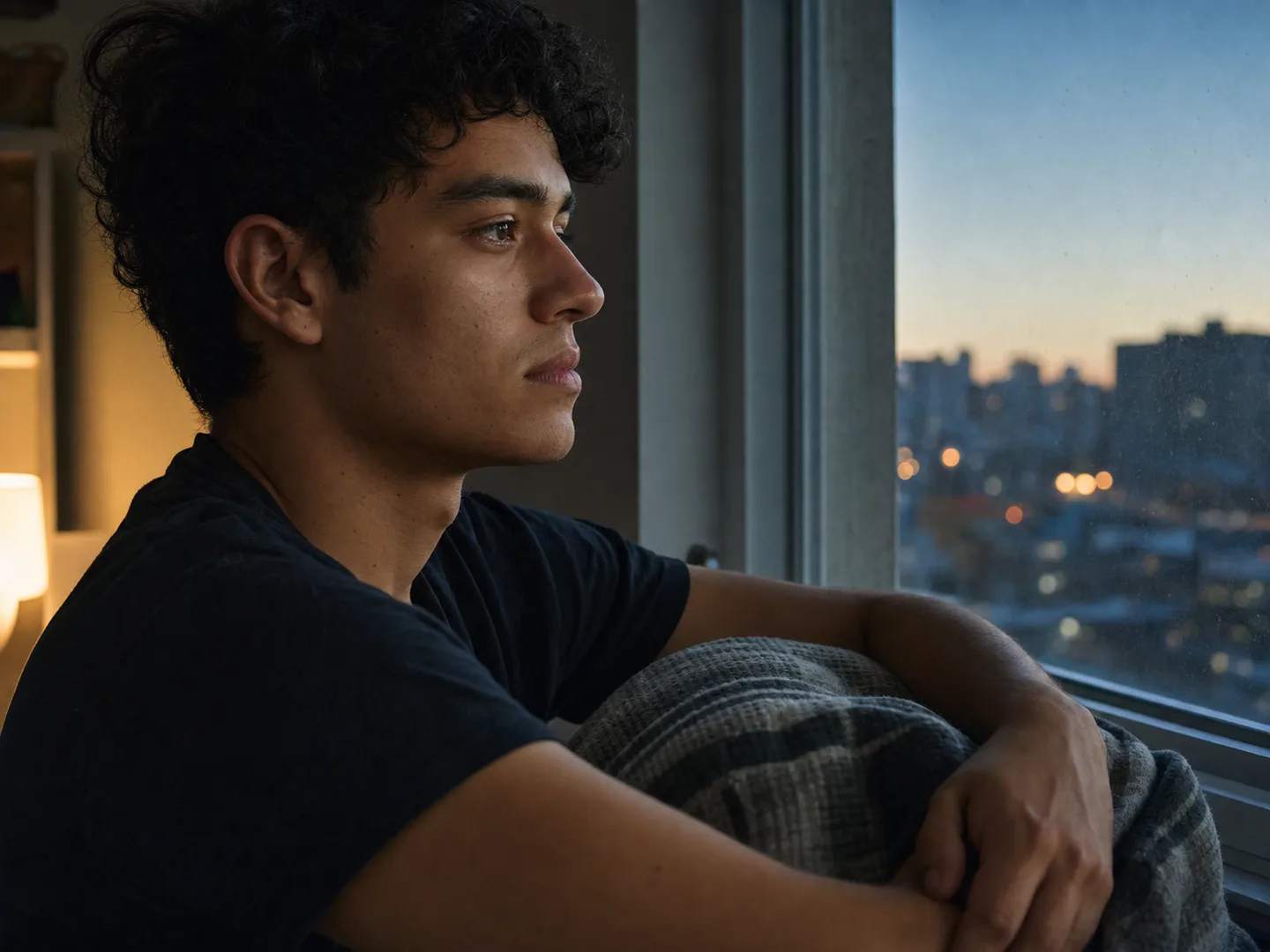 Una estudiante joven respira con calma sentada junto a una ventana.
