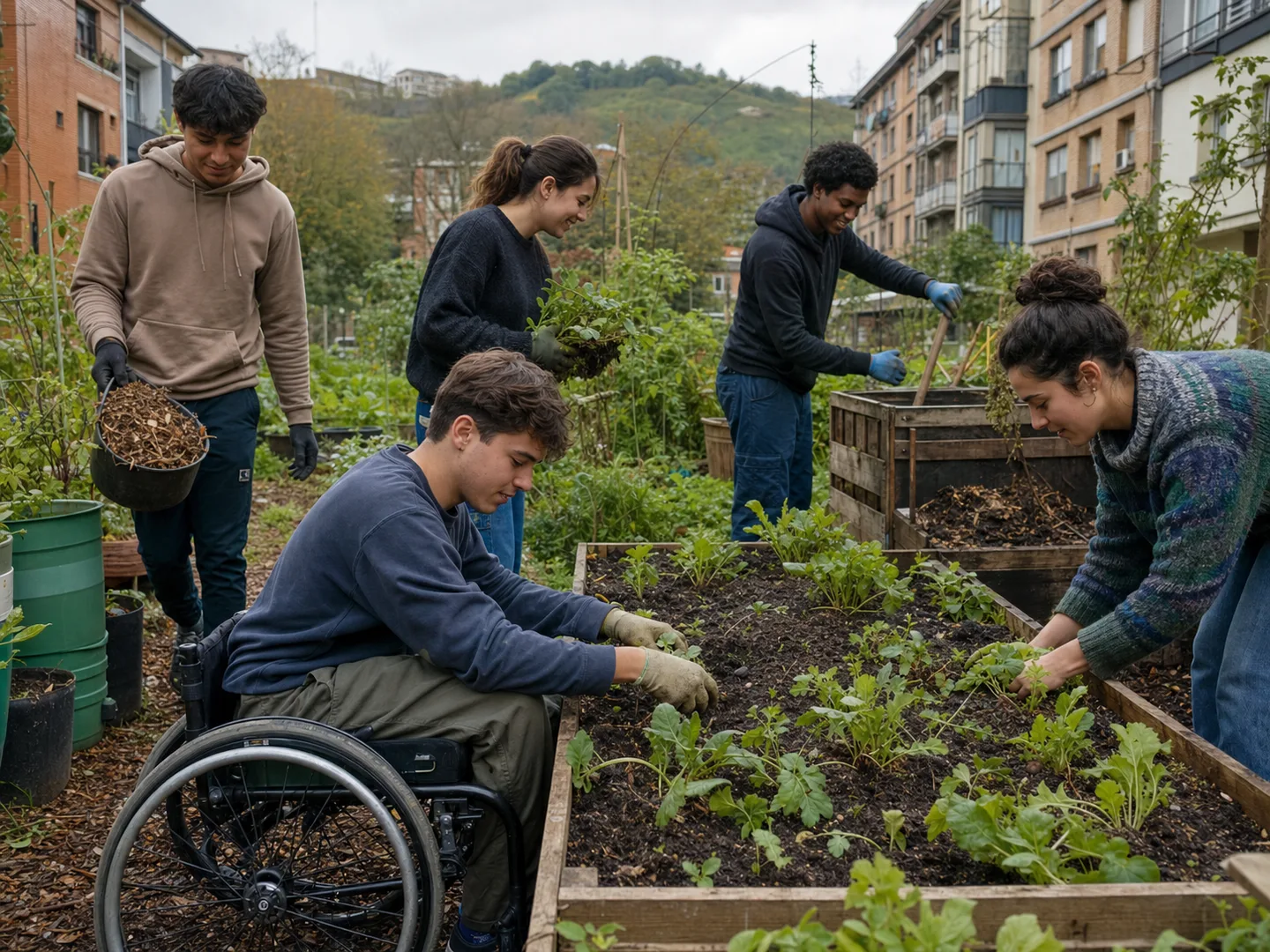 Estudiantes jóvenes trabajan juntos en un pequeño huerto urbano lleno de vegetación.