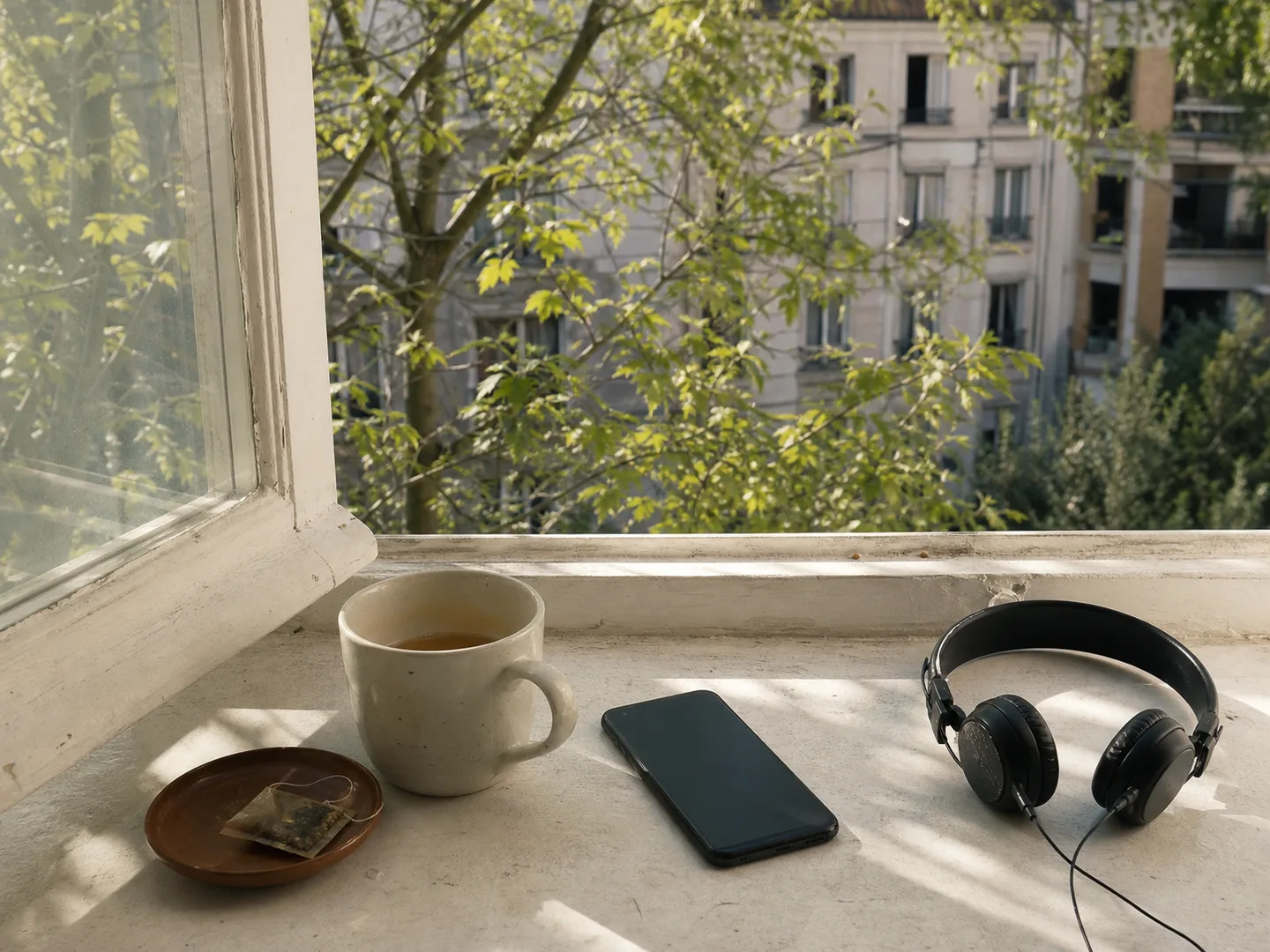 Un teléfono apagado descansa junto a una libreta mientras entra luz natural.