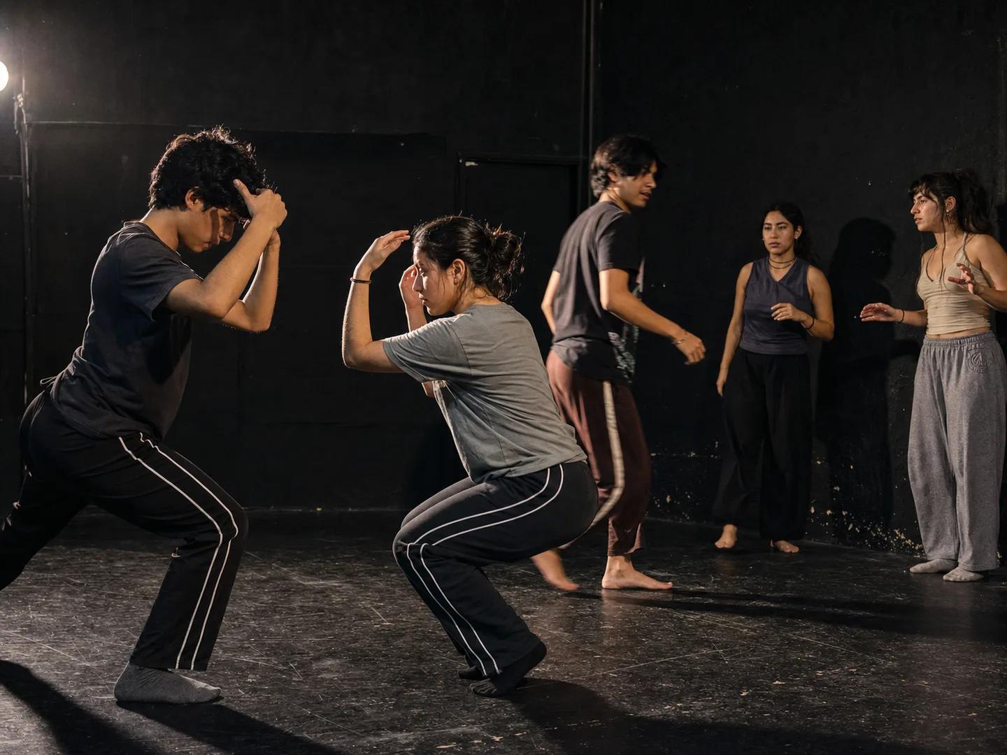 Estudiantes jóvenes exploran una escena de teatro con energía y expresión corporal.